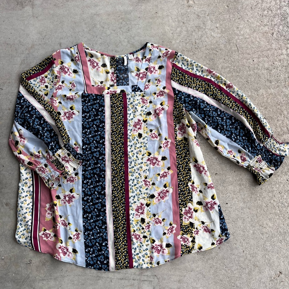 Floral Stripe, Square Neck, Silky Blouse - Multicolor